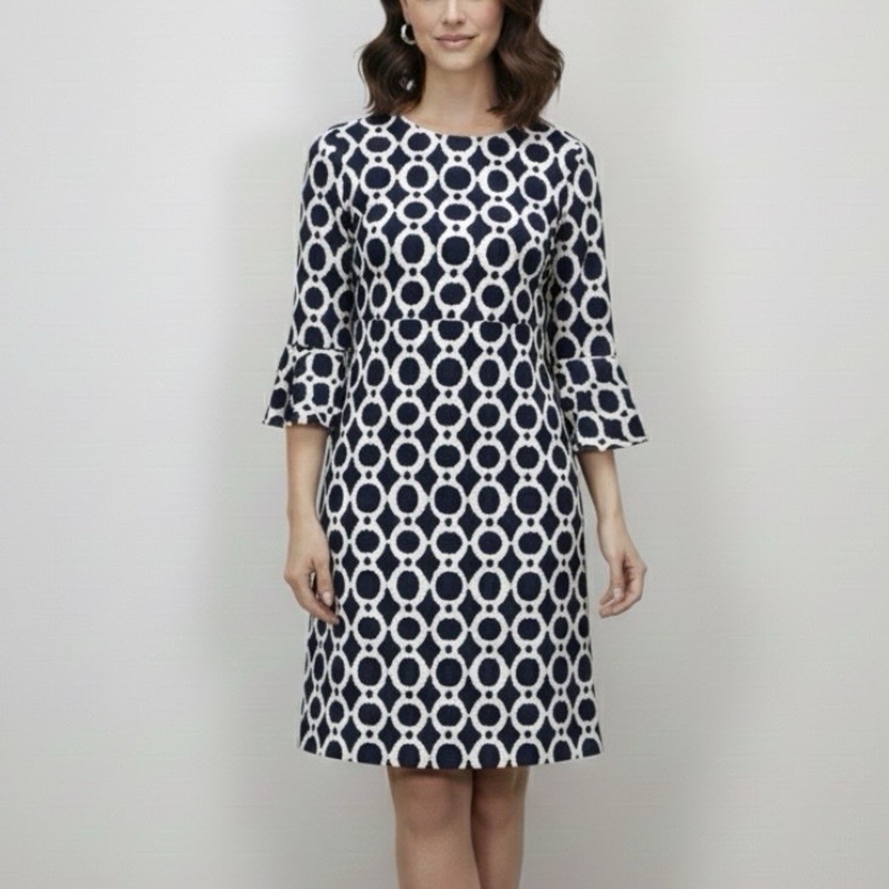 Jude Connally Navy Blue Geo 3/4 Bell Sleeve Lyla Dress Size SMALL